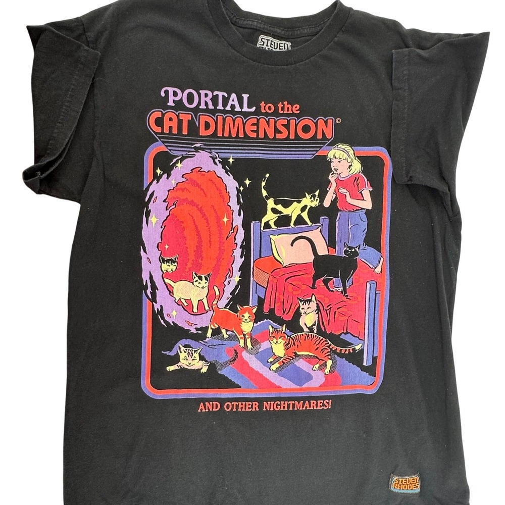 Steven Rhodes Portal to the Cat Dimension T-Shirt Mens Medium Black‎